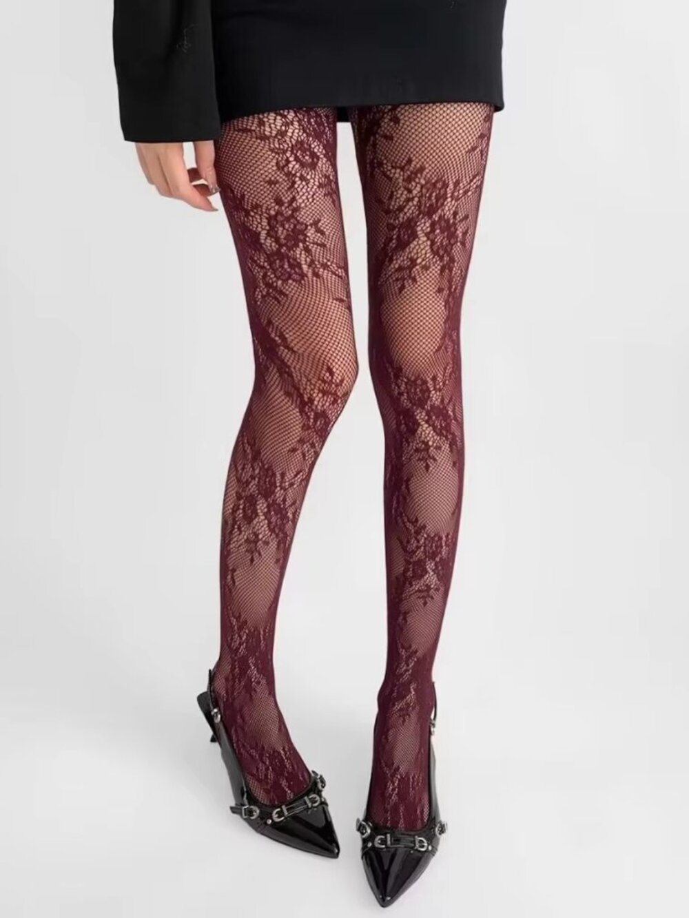 Women's Floral Vine Lace Pattern Flower Burgundy Fishnet Tights Pantyhose